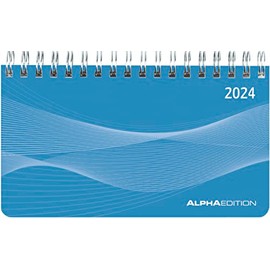 Horizontal Calendar Mini PP Cover Blue 2024 - Desk Calendar - Office Planner 15.6 x 9 cm - 1 Week 2 Pages - Ring Binding - Alpha Edition