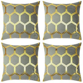 Red Rainbow 4 Pack of Gold Metallic Velvet Cushion Covers Honeycomb Hexagon Design 18 inch 45 x 45 cm Square (Grey)