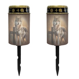 Merkmak Set of 2 Cemetery Solar Lights for Grave Cross Wolf Pathway Lights Solar Powered Memorial Flameless Candle for Prayer Cemetery Decorations