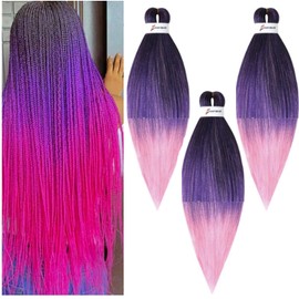 Pre Stretched Braiding Hair 26 inch 3 packs Hot Water Setting Synthetic Hair Crochet Braid Hair Extension Ombre Black Purple Braiding Hair