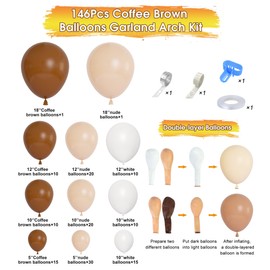 146Pcs Brown Balloons Garland Arch Kit, DIY 18"12"10" Coffee Brown Blush Nude Balloons for Neutral Woodland Teddy Bear Baby Shower Wedding Jungle Safari Birthday Party Decorations
