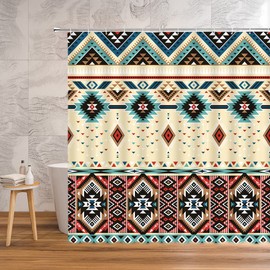 Aztec Shower Curtain Southwestern American Tribal Navajo Ethnic Native Abstract Geometric Vintage Design Fabric Bathroom Decor Set with Hooks（70" WX70 H）