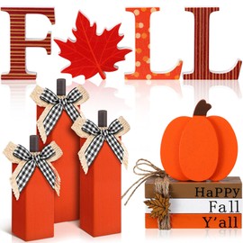 FoldTier 11pcs Fall Decorations for Home Fall Table Decoration Pumpkin Tiered Tray Decor Maple Leaf Wooden Sign Autumn Pumpkin Tabletop Stack Faux Books Centerpiece for Thanksgiving Harvest Party