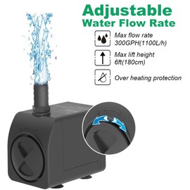 Submersible Pump 300GPH Ultra Quiet with Over Heating Protection 6ft High Lift for Fountains, Hydroponics, Ponds, Aquariums & More…