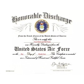 United States Air Force Honorable Discharge Replacement Certificate