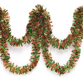 TCDesignerProducts Red, Green, and Gold Metallic Holiday Tinsel Twist Garland Decoration, 4" x 25'
