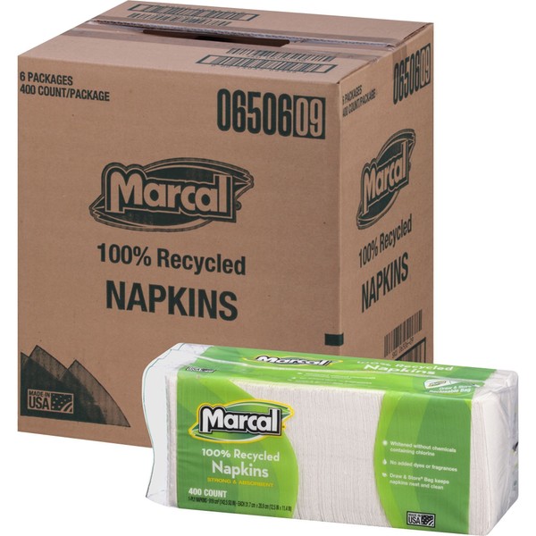Marcal Paper Luncheon Napkins 100% Recycled, 1-Ply, 400/Pack, 12.5 x 11.4 inch