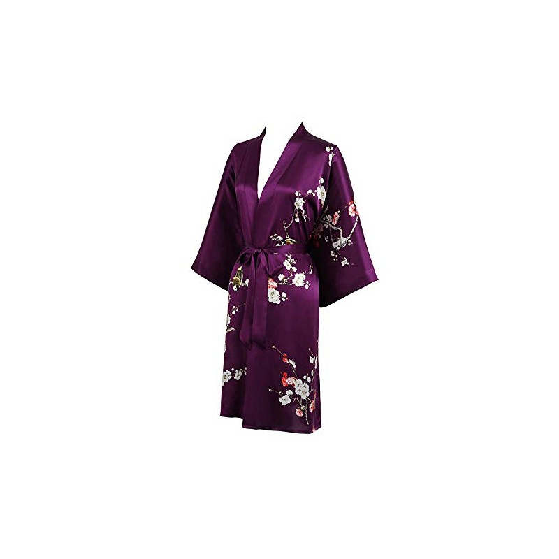 Grace Silk 100% Silk Short Robe Kimono, Plum Blossoms, Purple