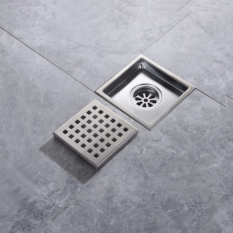 SISEHO 4 Inch Brushed Nickel Shower Floor Drain Square for
