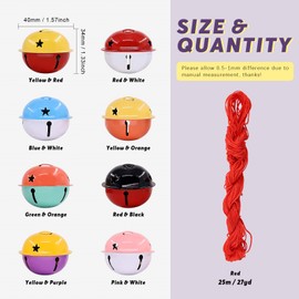 Swpeet 9Pcs Colorful Christmas Jingle Bells Kit,8 Colors Metal Bells Craft with 25m Red Cords Metal Star Cutout Jingle Bells and Craft Bells for Christmas Party Decorations
