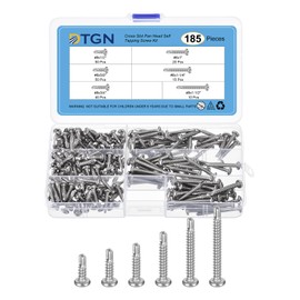 DTGN 410 Stainless Steel Phillips Pan Head Self Tapping Sheet Metal Screws Assortment Kit,Washed Silver(Size:#8x1/2-#8x1-1/2-185pcs)