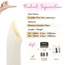REECHO Invisible Wire Hair Extensions with Transparent Headband Adjustable Size Removable Secure Clips in Straight Secret Hairpiece for Women (20 Inch (Pack of 1), Platinum Blonde)
