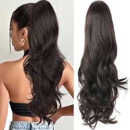 Samtress Ponytail Extension 24 Inch Drawstring Ponytail Extension Dark Brown Long Wavy Layered Pony Tails Hair Extensions Synthetic for Women Clip in Ponytail Hairpiece for Daily Use Party (#4)