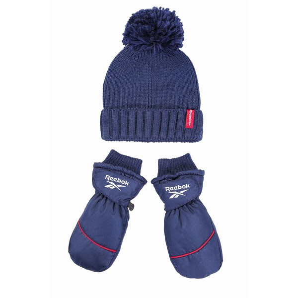 Reebok - Juego de 3 piezas de gorro de invierno y manoplas de esquí para clima frío, gorro y guantes de punto cálido, vector azul marino, 2-4 Años
