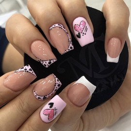 Valentines Nails Press on Nails Short Square French Tips Fake Nails with Design Valentines Day Nails Glitter Heart Design Valentines Heart French Full Cover False Nails Stick on Nails for Women Girls