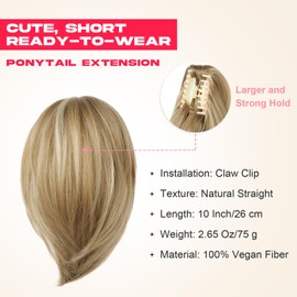 NTYNTY Ponytail Extension, 10" Short Claw Clip in Ponytail Hair Extensions Messy Bun Hair Piece Natural Soft Synthetic Straight Pony Tail Hair Pieces for Women - Golden Blonde with Highlights