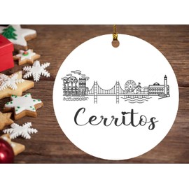 Cerritos California Ornament Christmas - Cerritos Skyline Draw Ornament - New Home Ornament Christmas Tree Decoration 3 Inch Plastic Circle