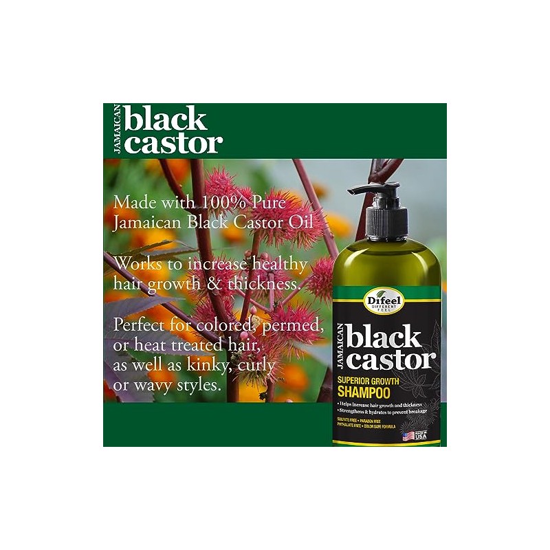Difeel- Champú de ricino negro jamaicano de crecimiento superior, 33,8