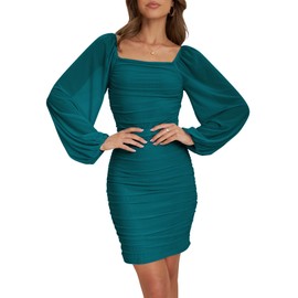 MEROKEETY Women's Square Neck Lantern Long Sleeve Mesh Ruched Bodycon Cocktail Mini Dress Teal Medium