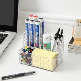 Swuj Pen Holder for Desk, Plastic Pencil Holder for Desk with 3 Compartments, Clear Pen Organizer for School, Home, Office, Bathroom (Transparent)