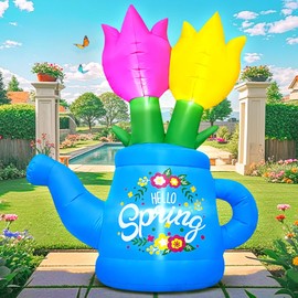 6FT Summer Inflatable Outdoor Decoration Inflatable Watering Can with Flower Blow Up Flower Decoration, Built-in LED Lights for Spring Summer Easter Holiday Outdoor Lawn Party