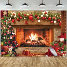 Msocio 8x6ft Polyester Fabric Christmas Fireplace Backdrop Vintage Xmas Tree Sock Background Photography for Kids Portrait Party Decorations Photo Studio Booth Props Decor Supplies