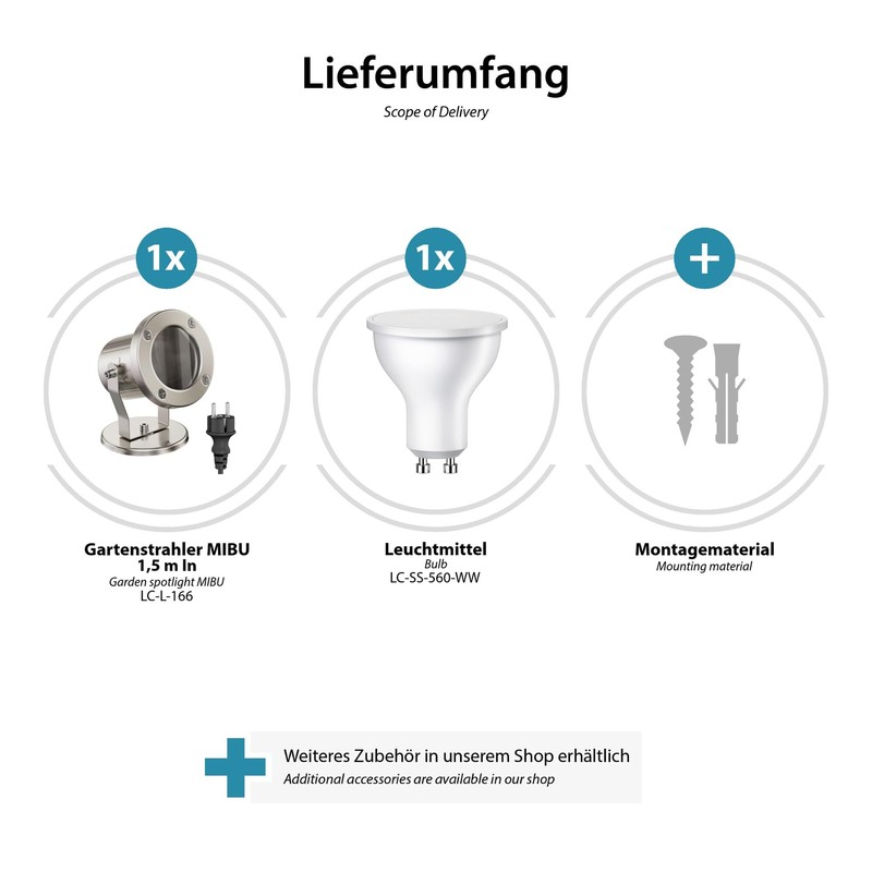 ledscom.de MIBU LED Garden Spotlight for Outdoor Use Stainless Steel