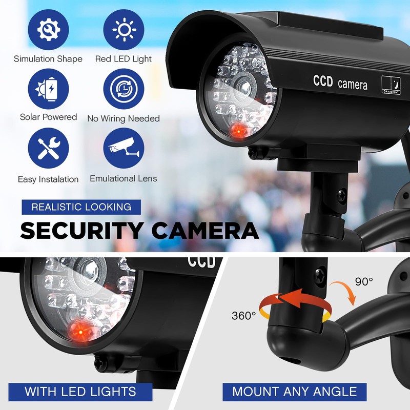Kanayu 2 Pcs Black Solar Powered Fake Security Camera Dummy
