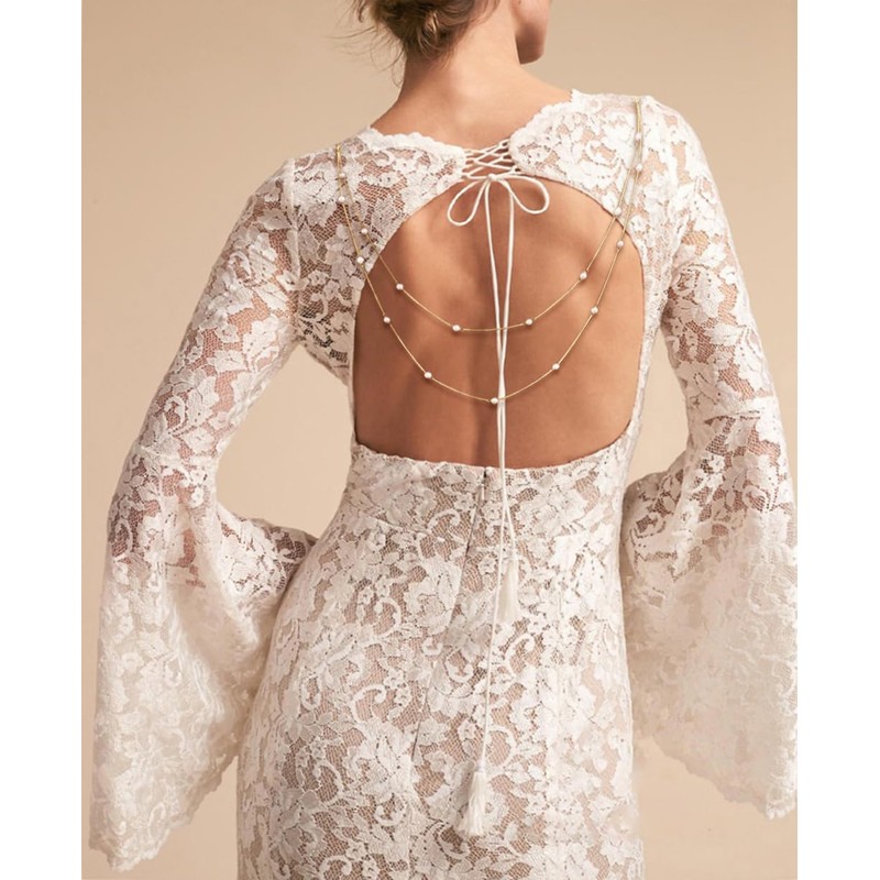 Pearl Back Chain Necklace Wedding Bridal Silver Gold Layered Backdrop