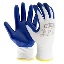 EXBRIECO Protective Gloves, For Gardening and Work, Polyester and Nitrile, Anti-slip, Abrasion Resistant, Pack 12 Pairs, Blue, Size 10.