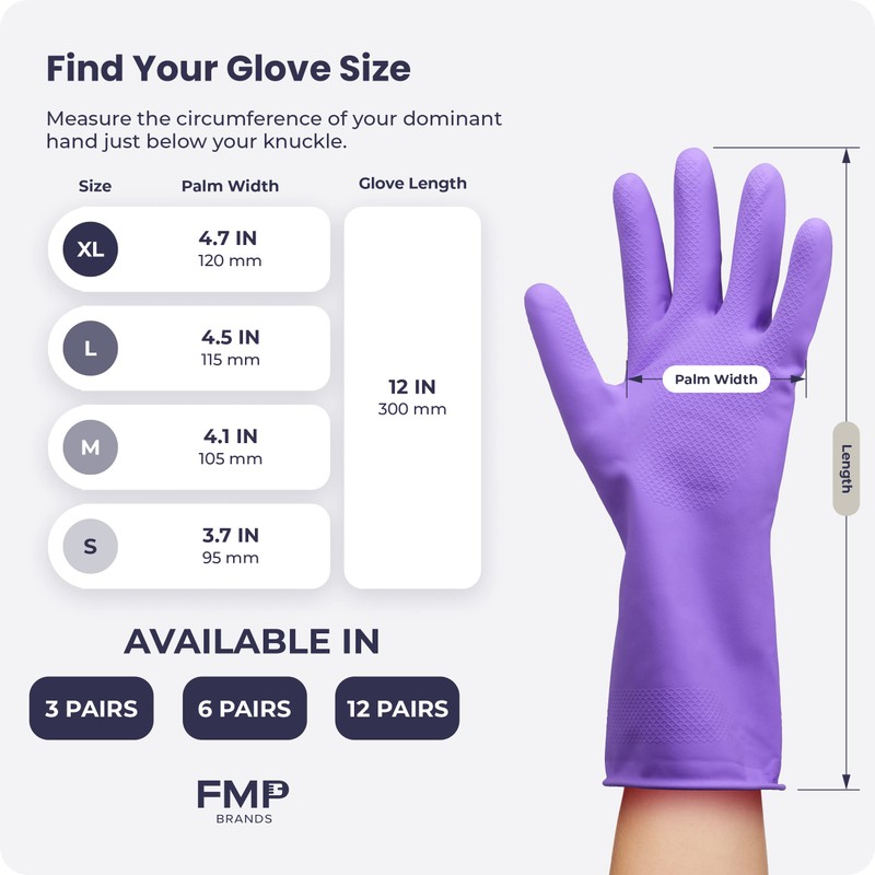FMP Brands X-Large Purple Latex Dish Gloves, 3 Pairs, 12