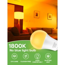 Eastiya Amber Light Bulbs for Sleep: 9W Amber Warm 1800K, Blue Blocking Dim Bulbs 60W Equivalent, E26 Bulb for Mood Soothing, Bedroom and Baby Nursery Light, 2 Pack