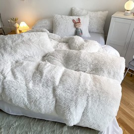 chovy Faux Fur Plush White Comforter Cover Duvet Cover King - 3PC Bed Set Ultra Soft Shaggy Flannel Velvet Fluffy Fuzzy Bedding（Duvet Cover x 1 Pillowcases x 2）