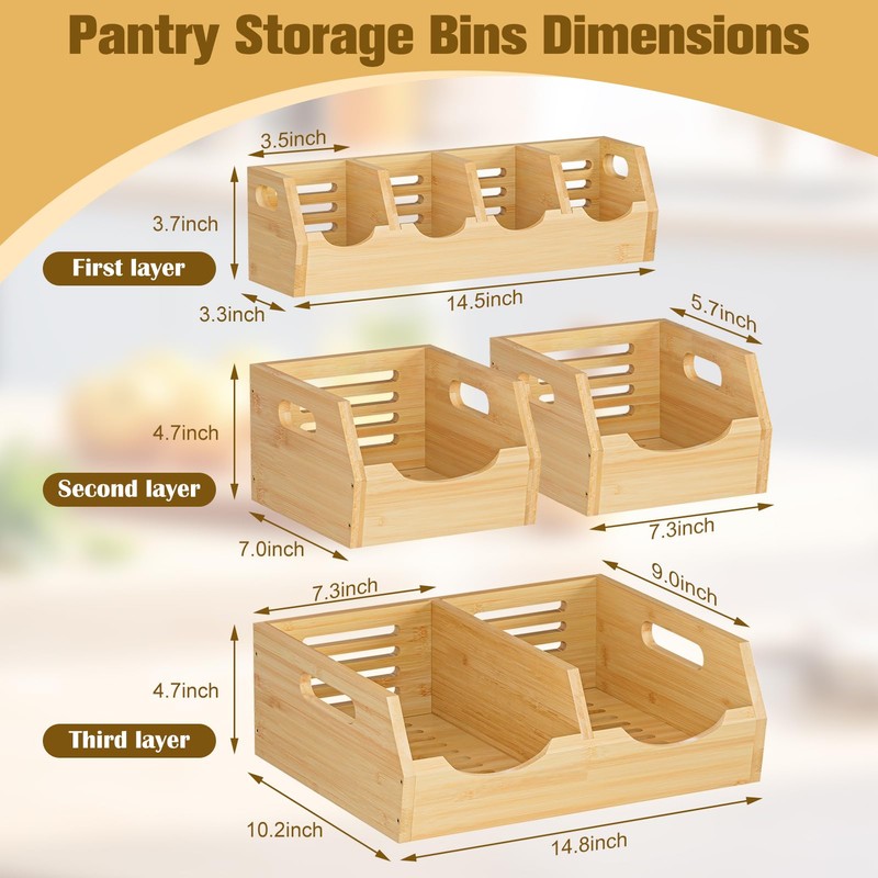 MTGSTOCL Upgraded 3 Tier Bamboo Pantry Storage Bins - Stackable