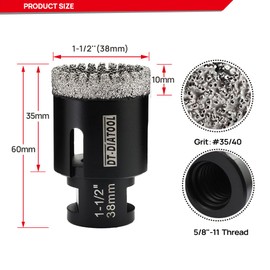 DT-DIATOOL Diamond Core Drill Bit 1-1/2 Inch Tile Hole Saw with 5/8"-11 Thread Drilling for Ceramic Tile Procelain Tile Marble Granite