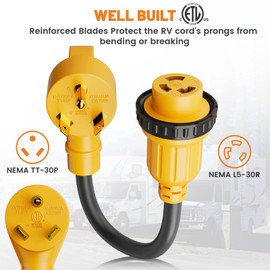 MECMO 30 Amp to 30 Amp RV Adapter Cord with Locking Connector Plug NEMA TT-30P to L5-30R, UL Listed RV Power Cord, TT-30P Male Plug to L5-30R Female RV Adapter, 1.5 FT, 10/3 STW, 125 Volts 3750 Watts