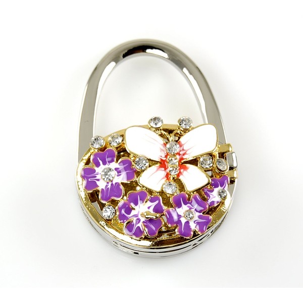 Stylish Foldable Handbag Holder Purple"Flower & Butterfly" Mirror Locket Purse Hook