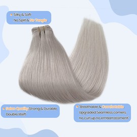 Silver Weft Hair Extensions for Women 16 Inch Double Weft Sew in Hair Bundles 100Gram Hand Tied Real Human Hair for Fullness and Thickness Grey Silver Sew in Hair Extension