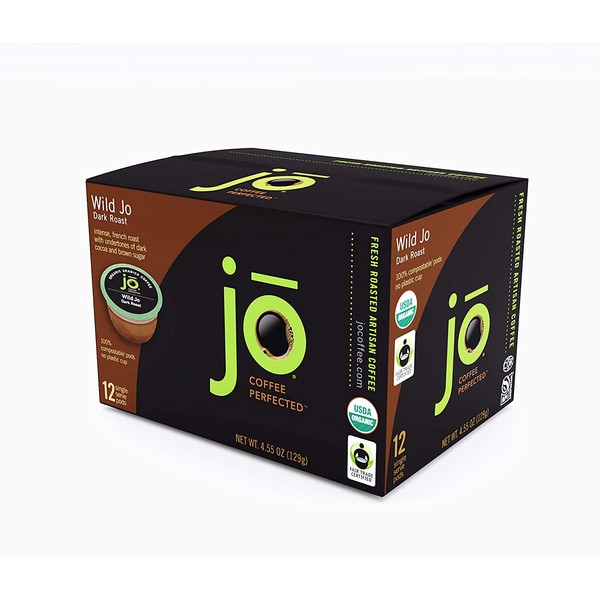 WILD JO: 12 Cup Organic Dark French Roast Single Serve Coffee Pods for Keurig K-Cup Compatible Brewers | Bold Strong Rich Wicked Good | Eco-Friendly Fully Compostable Coffee Pods | Fair Trade Certified Non-GMO Gluten Free Coffee | Our Most Popular