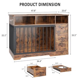 GarveeHome Retro Brown 48 Inch Dog Crate Furniture, Indoor Dog Kennel with Hidden Bowl, 3 Drawers and 3 Open Drawers, Modern Famhouse Dog Crate End Table, Decorative Pet Crate for Large Dogs