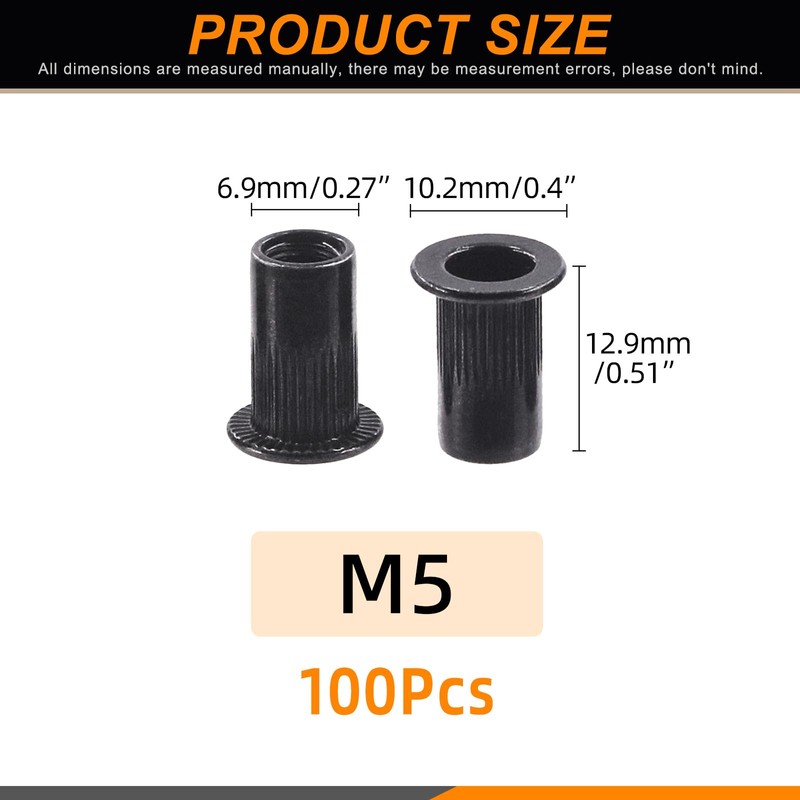 Rustark 100Pcs M5 Rivet Nuts Carbon Steel Black Zinc Plated