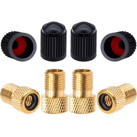 MEAJOO 4PCS Brass Presta Valve Adapter, Convert Presta to Schrader Adaptor, Inflate Tire Using Standard Pump or Air Compressor for Bikes, 4 Pack Black Tire Valve Caps(Reticulated Grain Style)