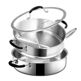 SLOTTET Tri-Ply Stainless Steel Saute Pan with Lid, 5 Quart Deep Sauté Pan with Steamer and Stay Cool Handle,11.5 Inch Frying Pan,Dishwasher and Oven Safe,Induction Stainless Steel Cookware