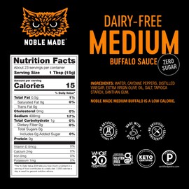 Noble Made Buffalo Sauce, Keto, Gluten Free, Vegan Dipping & Wing Sauce, Low Carb, Dairy Free, Low Calorie, Paleo, Low Sugar, and Whole30 Approved, Medium Buffalo, 12.5 oz (1 Count)