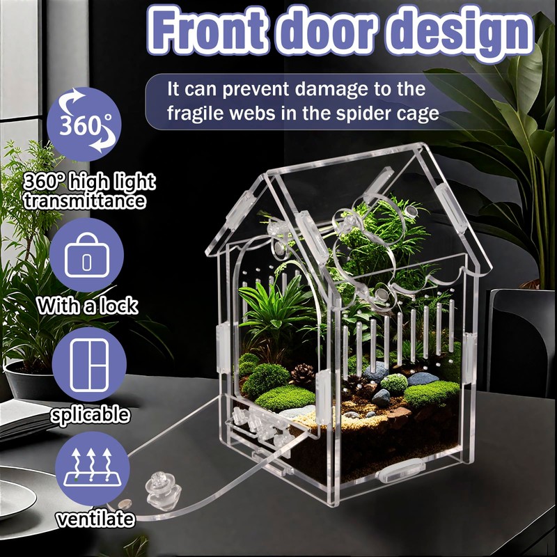Jumping Spider Enclosure Kit Acrylic Terrarium for Tarantulas, Reptiles &
