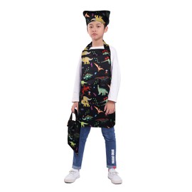 BIGHAS Children's Apron, Triangle Cloth, Drawstring Bag, 3-Piece Set, Easy to Put on and Take Off for Kids, Dinosaurs, Elementary School Students, Name Tag, Dust Resistant, dinosaur/black