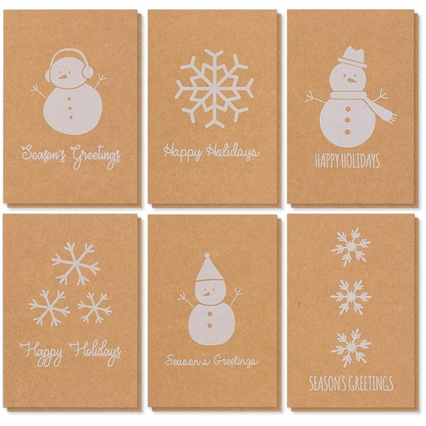36 Pack Kraft Holiday Cards with Envelopes, Seasons Greetings Card Set (6 Designs, 4 x 6 In)