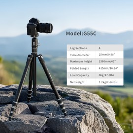 Jishane 62" Carbon Fiber Camera Tripod, Professional Camera Stand Monopod with 360° Ball Head, Phone Holder & Quick Release Plate, Compact Travel Tripod for DSLR/Smartphone, Max Load 17.6 lbs