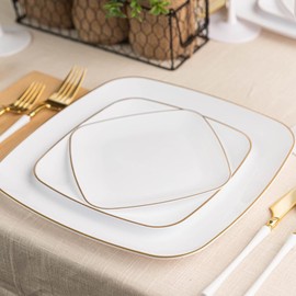 Blue Sky Organic White Disposable Plates 7.25" Square (10 Count) | Gold-Rimmed Plastic Dinnerware Party Essentials