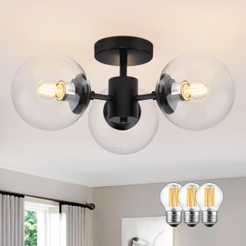 Bagood Mid Century 3-Light Clear Globe Glass Black Chandelier 19 Inch Modern Black Semi Flush Mount Ceiling Lights Modern Light Fixtures Ceiling Lights Fixture for Bedroom Hallway Entryway